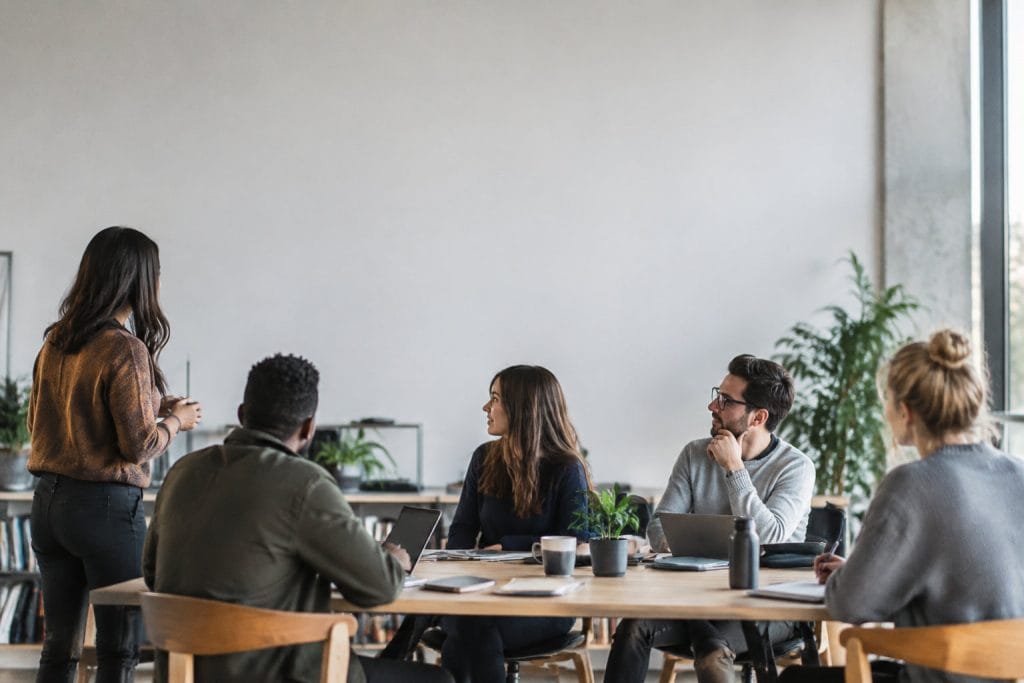 Une femme debout présente un projet à une équipe attentive assise autour d'une table dans un bureau moderne et lumineux.