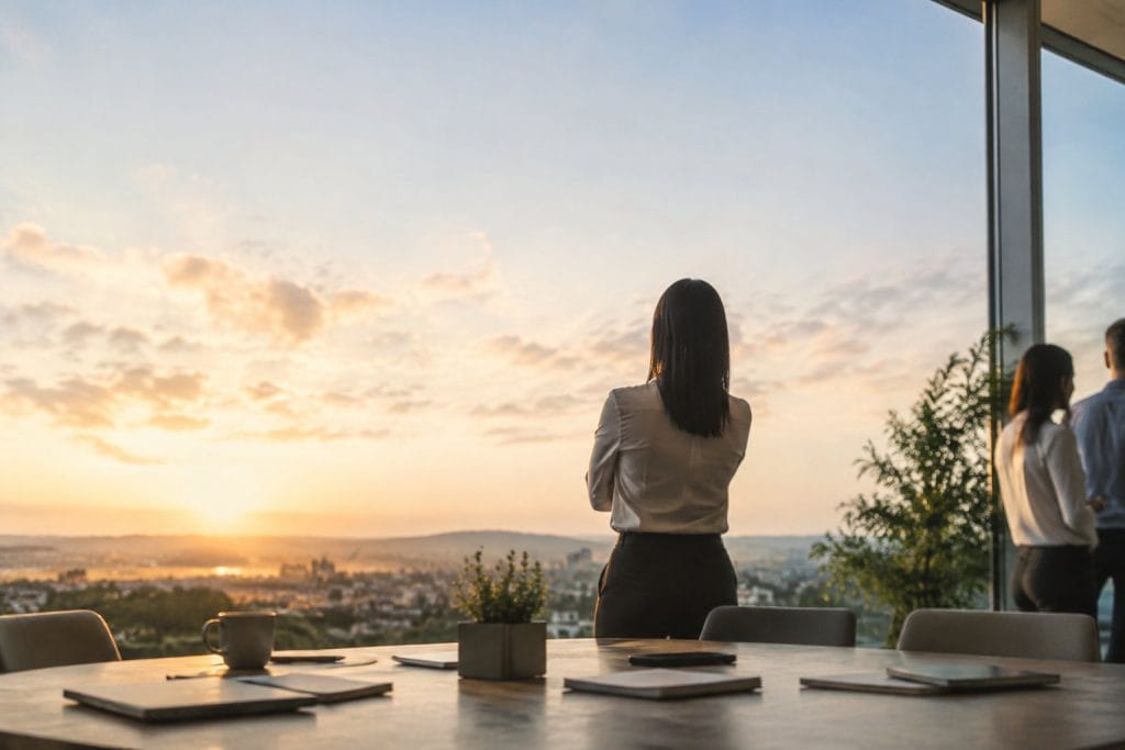 Vue arrière de professionnels regardant le coucher de soleil depuis un bureau moderne.